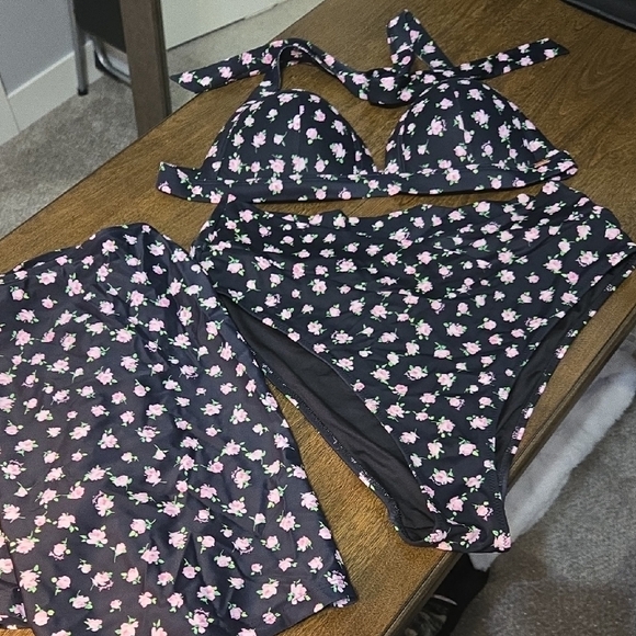 PINK Victoria's Secret Floral Two Piece With Swim Skirt Set - Black and Pink - Picture 3 of 3